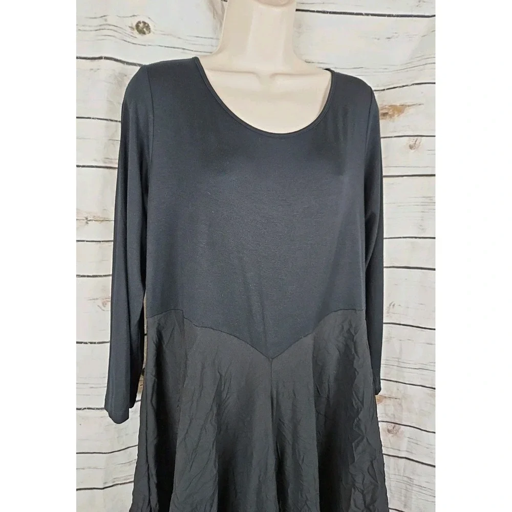Comfy USA Black Lantern Midi Dress L Lagenlook Crinkle Mixed Media Womens